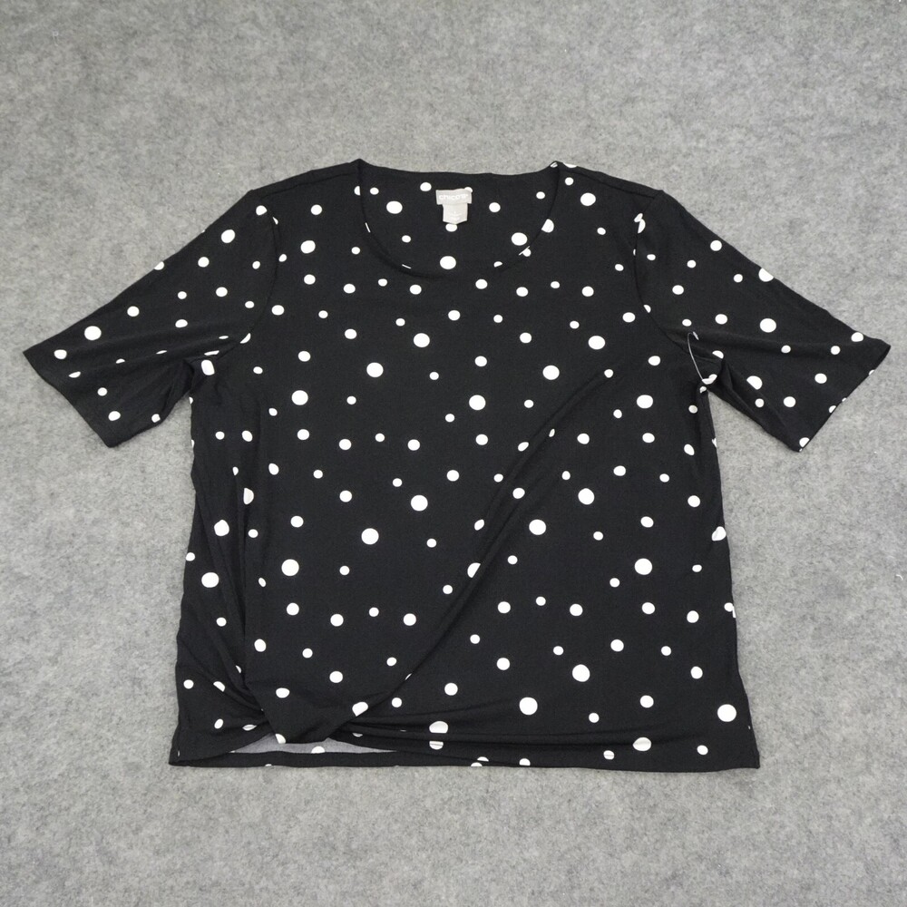 Chicos Top Womens 1 Medium M Black White Short Sleeve Shirt Blouse Polka Dot